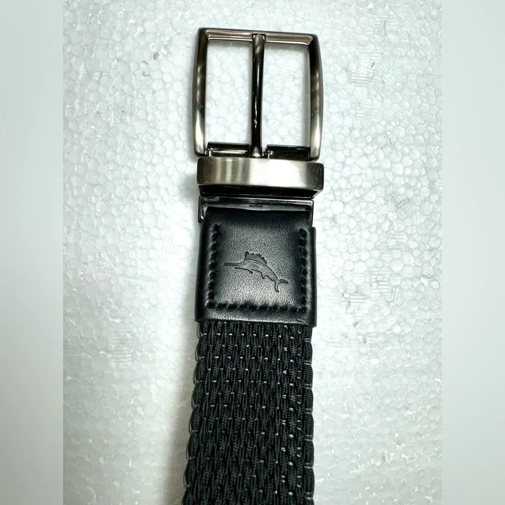 Black Grey Men Belt Stretch Comfort Genuine Leather Trim Adjustable Tomy Bahama